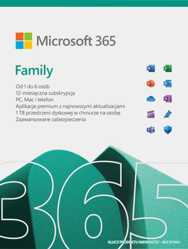 Oprogramowanie Microsoft 365 Family PL Box 6 Użytkowników 1 Rok (6GQ-01940)