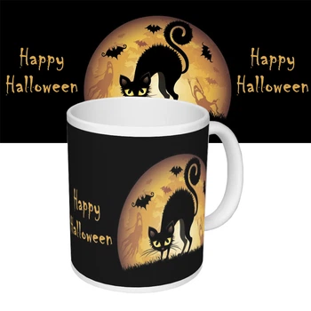 Керамічна чашка з принтом Happy Halloween Чорна кішка 350 мл