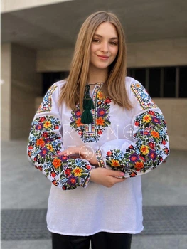Борщівська вишиванка жіноча "Талана" біла блуза квіткова на домотканому полотні 7413-52 (XL)