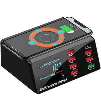 Зарядная док-станция Addap MCS-X9, 8 USB портов, многопортовое зарядное устройство, беспроводная зарядка Qi для смартфонов и гаджетов, 100W