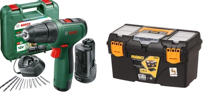 Набір Акумуляторний дриль-шурупокрут Bosch EasyDrill 1200 2 акумулятори + набір свердел і біт (06039D3007) + Ящик для інструментів Mano класичний з органайзером 18" 432x250x238 мм Чорний (C.OR-18)