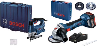 Набір Лобзик Bosch GST 750 (06015B4121) + Акумуляторна безщіткова кутова шліфувальна машина Bosch Professional GWS 180 + 1 акумуляторна батарея 4 Амп.год GBA 18V, зарядний пристрій GAL 18V-40 , валіза (06019H9025)