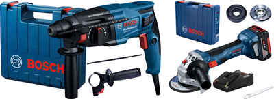 Набір Перфоратор мережевий Bosch Professional GBH 220, 720 Вт, 2дж, 4800 уд.хв, валіза (06112A6020) + Акумуляторна безщіткова кутова шліфувальна машина Bosch Professional GWS 180 + 1 акумуляторна батарея 4 Амп.год GBA 18V, зарядний пристрій GAL 18V-40