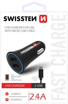 Автомобільний зарядний пристрій Swissten CL 2 x USB-A 12W Quick Charge 2.4 + кабель Micro USB 1.5 м Black (20110900)