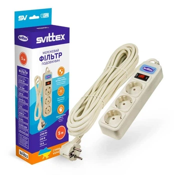 Мережевий фільтр-подовжувач SVITTEX 5 м на 3 розетки із заземленням та вимикачем