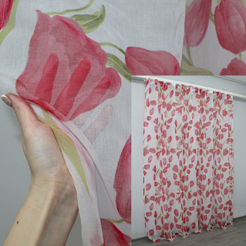 Тюль батіст, колекція "Flora". Білий колір з червоним квітковим принтом. Код 1171т 4521458