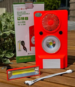 Вентилятор із акумуляторним ліхтарем Solar Led Rechargeable Lamp HJ-088 USB сонячна батарея Червоний