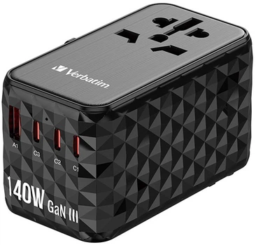 Універсальний туристичний адаптер Verbatim 2 x USB-C PD QC 4+1xUSB-C PD 3.0 1 x USB-A QC 140Вт Чорний (0023942321255)