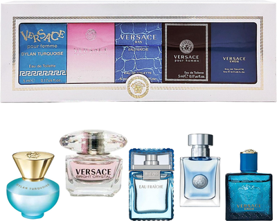 Zestaw miniatur unisex Versace Woda toaletowa Dylan Turquoise 5 ml + Bright Crystal 5 ml + Man Eau Fraiche 5 ml + Eros 5 ml + Pour Homme 5 ml (8011003869404)