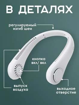 Безлопатевий вентилятор на шию акумуляторний Andowl Hanging Neck Fan10 тришвидкісний 1200 mAh та живлення від usb білий