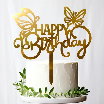 Золотой Топпер "Happy Birthday (Бабочки)" 15х13см Зеркальная Надпись Герою Фигурка на Торт в Цветы Пластик Золото