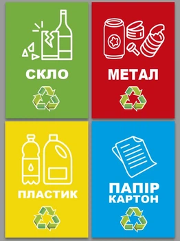 Наклейки 4 штуки на мусорные баки, маркировка отходов, раздельный сбор мусора, вторсырье А4 ENTERSTORE (art. garbage2402)