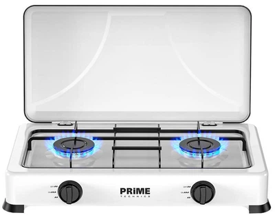 Настольная газовая плита 2 конфорки таганок под баллон Prime Technics PGK 200 CW пропан бутан с крышкой