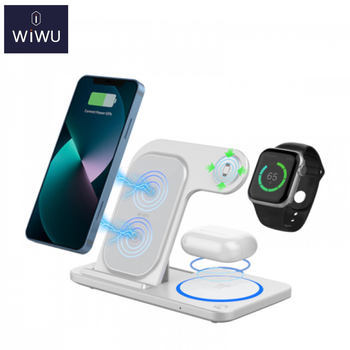 Бездротова зарядка WiWU 3в1 15W для iPhone/AirPods/Apple Watch Зарядна станція для телефону, навушників та годинника Швидка магнітна зарядка Біла