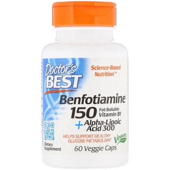 Природные добавки Doctor's Best Бенфотиамин 150 + альфа-липоевая кислота 300 Benfotiamine 150 + Alpha-Lipoic Acid 300 60 вегетарианских капсул