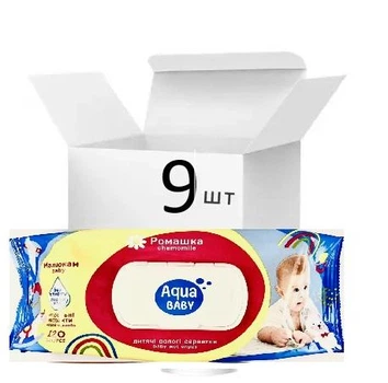 Упаковка влажных салфеток Aqua Baby chamomile с клапаном 9 пачек по 120 шт