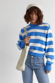 В'язаний джемпер oversize в смужку - синій цвет, S