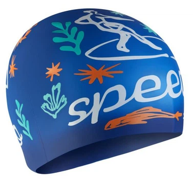 Шапка для плавания Speedo SLOGAN PRT CAP JU/JF/JM синий, белый Дит OSFM