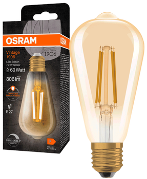 Светодиодная лампа OSRAM Filament Vinatge 1906 EDISON 7,2W 806Lm 2400K E27 DIM GOLD (4099854137822)