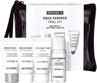 Zestaw do pielęgnacji twarzy MediPeel Peptide 9 Aqua Essence Krem do twarzy 15 ml + Tonik 20 ml + Serum 15 ml + Pianka 15 ml + Kosmetyczka (8809941821451)