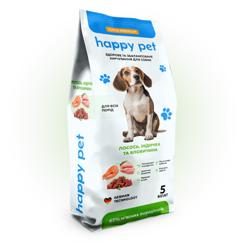 Сухой корм для собак средних пород Happy Pet на основе 3-х видов мяса 5 кг
