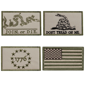 Набір шевронів 4 шт з липучкою JOIN OR DIE + DON'T TREAD ON ME + 1776 + Прапор США 5х8 см, вишитий патч нашивка шеврон