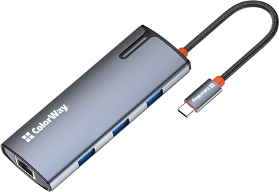 USB-хаб ColorWay USB-C - 3xUSB-A 3.0 HDMI 4K RJ-45 USB-C PD 100W Dark Grey (CW-HUB02)