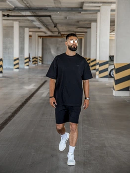 Спортивный костюм мужской oversize летний с футболкой черный комплект шорты и футболка оверсайз с принтом Lite L