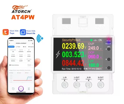 WiFi реле счетчик электроэнергии Atorch AT4PW однофазный 220В 100А DIN с защитой TUYA, Smart Life