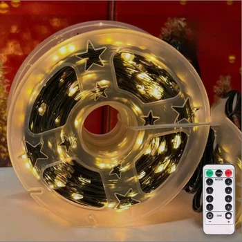 Светодиодная гирлянда нить "Роса" 50м с пультом, 500 LED, 220V, зеленый провод, 8 режимов, IP44, Теплый белый