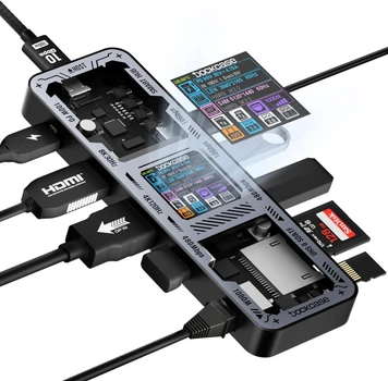 Док-станция DOCKASE Smart USB-C Hub 10 in 1 Explorer Edition, Dual 4K@60Hz, PD 3.0 100W, RJ45 Ethernet, 2 USB 3.2, 2 USB 2.0, UHS-II SD/TF Card Reader, USB C Dock (2- го поколения, 10 Гбит/с). Черный