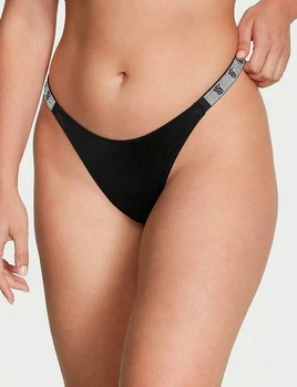 Женские трусики камни со стразами Victoria's Secret Shine Strap Lace Thong Panty L черные