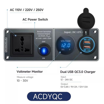 Панель зарядний пристрій + двопортовий USB QC3.0 + вольтметр