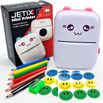 Портативный термопринтер JETIX Mini printer Pink | Детский принтер с набором карандашей и стикеров