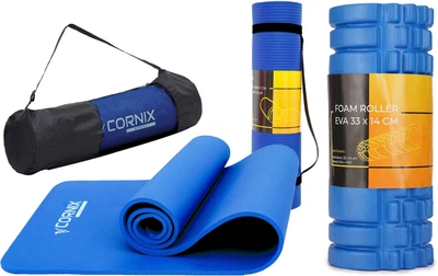 Набор Коврик спортивный Cornix XR-0009 NBR 183 х 61 х 1 см для йоги и фитнеса Синий + Массажный ролик Cornix EVA 33 x 14 см XR-0035 Blue
