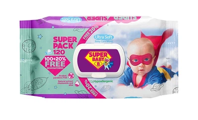 Влажные салфетки Super Baby, SuperPak ромашка и алоэ, 120 шт.