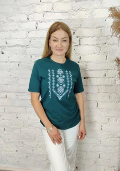 Футболка вишиванка зелена вишита блакитно білим хрестиком 2XL 01400 -2XL