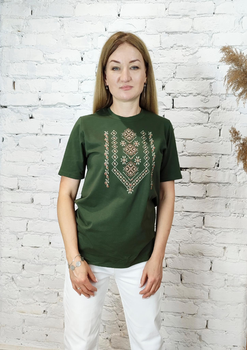 Футболка вишиванка хакі вишита коричнево беживим хрестиком 5XL 01400 -5XL