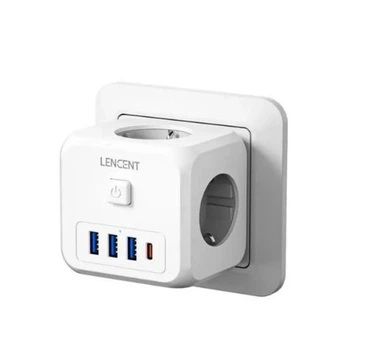 Фільтр розгалужувач з вимикачем, 3 розетки 3 USB-A 1 USB Type-C, Білий, LENCENT