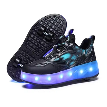 Роликовые кроссовки для мальчиков с LED подсветкой черные на 4-х колесах (LR 1300) 35(22см)