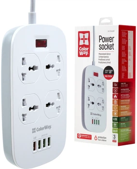 Мережевий фільтр-подовжувач ColorWay 4 розетки/4 USB White (CW-CHU44QW)