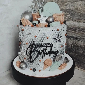 Топпер для торта без ніжки Happy Birthday дзеркальний пластик (8.5х6см) Чорний