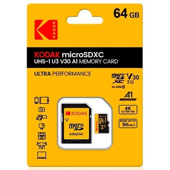 Карта памяти Kodak MicroSDXC UHS-I U3 V30 A1 64GB Class 10 90MB/S + SD адаптер 530