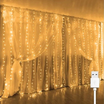Гирлянда штора "Роса", 3x2м, 200 LED, от USB, 8 режимов + статический, IP44, Теплый белый