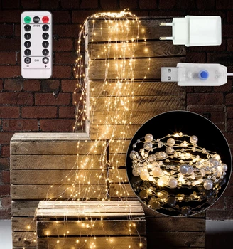 Гирлянда с жемчугом "Конский хвост" + пульт ДУ, 2м, 200 LED, 10 нитей, от USB и сети 220V, 8 режимов, Теплый белый