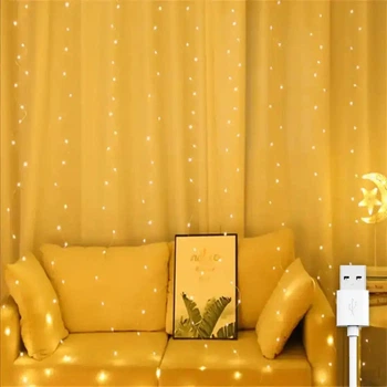Гирлянда штора "Роса" 3x2м, 300 LED, от USB, 8 режимов + статический, IP44, Теплый белый