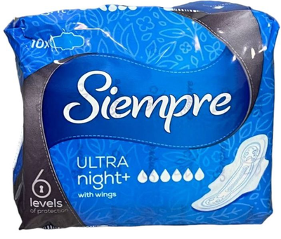 Гігієнічні прокладки Siempre Ultra Night+ 6 крапель, 10 шт
