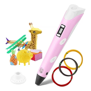 3D ручка с LCD дисплеем Pen 3 3Д принтер для рисования с трафаретом Розовая