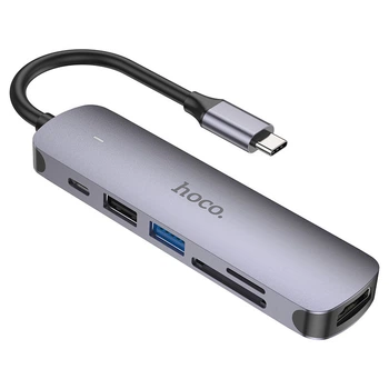 Перехідник HOCO HB28 Multi-function 6in1 (Type-C to HDTV+USB3.0+USB2.0+SD+TF+PD) (Metal gray) (166522)