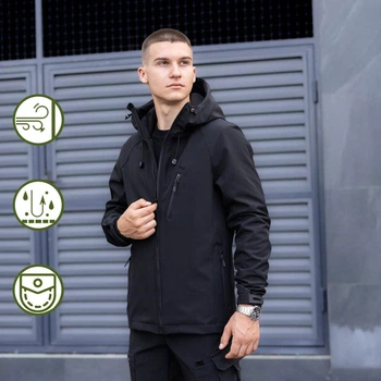 Мужская Демисезонная Куртка Soft Shell "Pobedov Matrix" от 0 до +15°С с капюшоном черная размер L